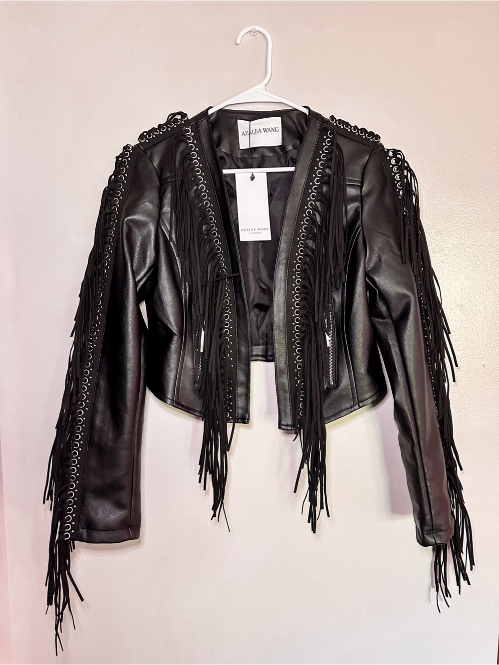 AZALEA WANG Black Fringe Eyelet Leather Jacket